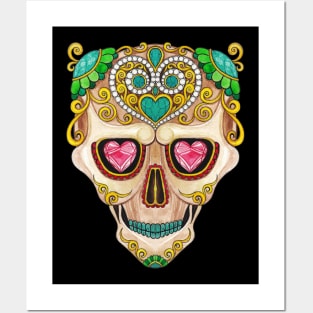 Sugar skull fancy vintage turquoise diamond and gems day of the dead. Posters and Art
